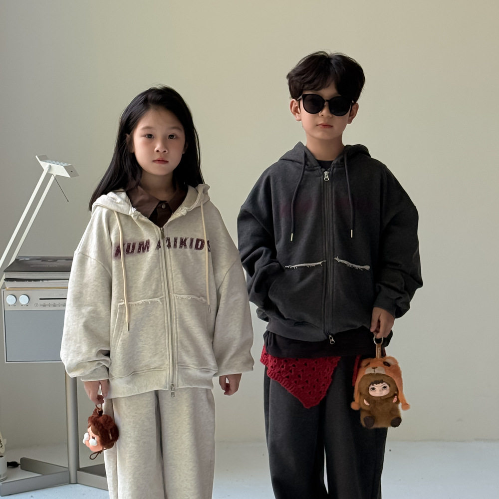 童套装2026秋季男童女童韩版字母连帽卫衣套装儿童毛边拉链两件套