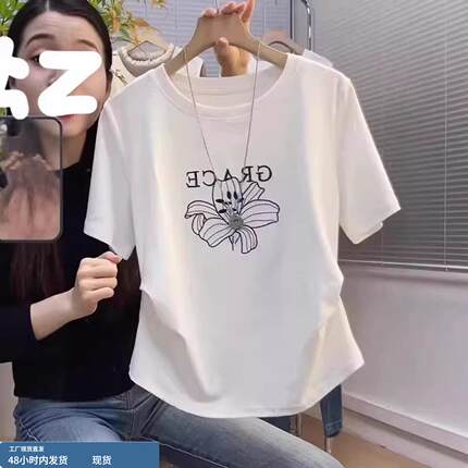 韩版花朵印花圆领短袖T恤女夏季宽松抽褶收腰显瘦休闲风百搭上衣