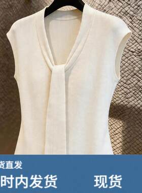 2026夏季轻熟优雅风V领飘带短袖上衣女百搭小众设计感白色内搭