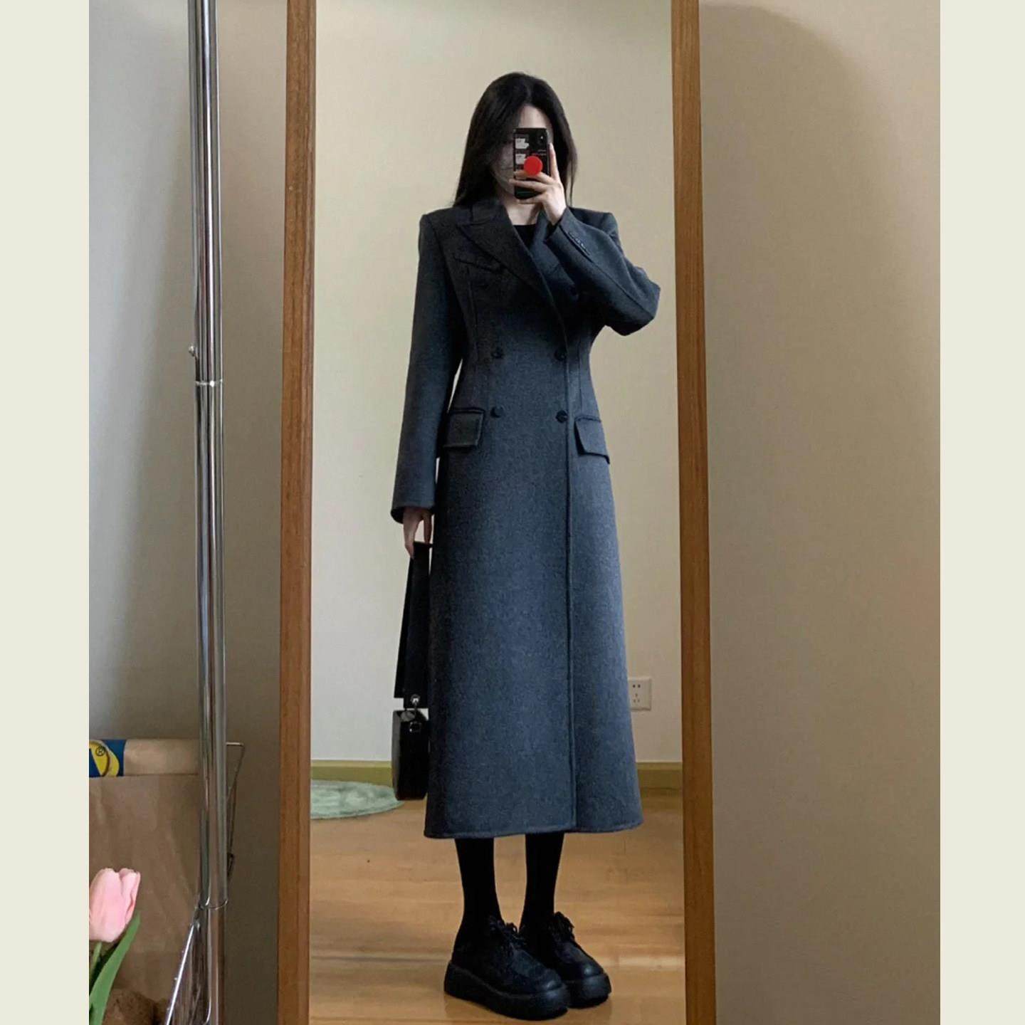 韩系灰色沙漏型收腰呢子大衣女秋冬季高级感通勤显瘦长款毛呢外套,运动/瑜伽/健身/球迷用品,广场舞套装,淘宝优惠券,粉丝福利购,淘宝优惠卷