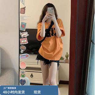 商场专柜欧货大版脏橘色短袖t恤女夏季中长版宽松洋派减龄上衣