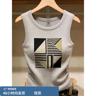 灰色印花针织吊带背心女夏季褶皱收腰带胸垫辣妹外穿无袖T恤上衣
