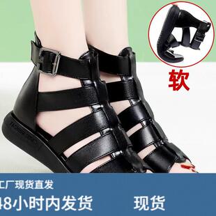 罗马凉鞋中跟镂空厚底平底真铍女鞋夏平跟软底中年松糕编织猪笼鞋