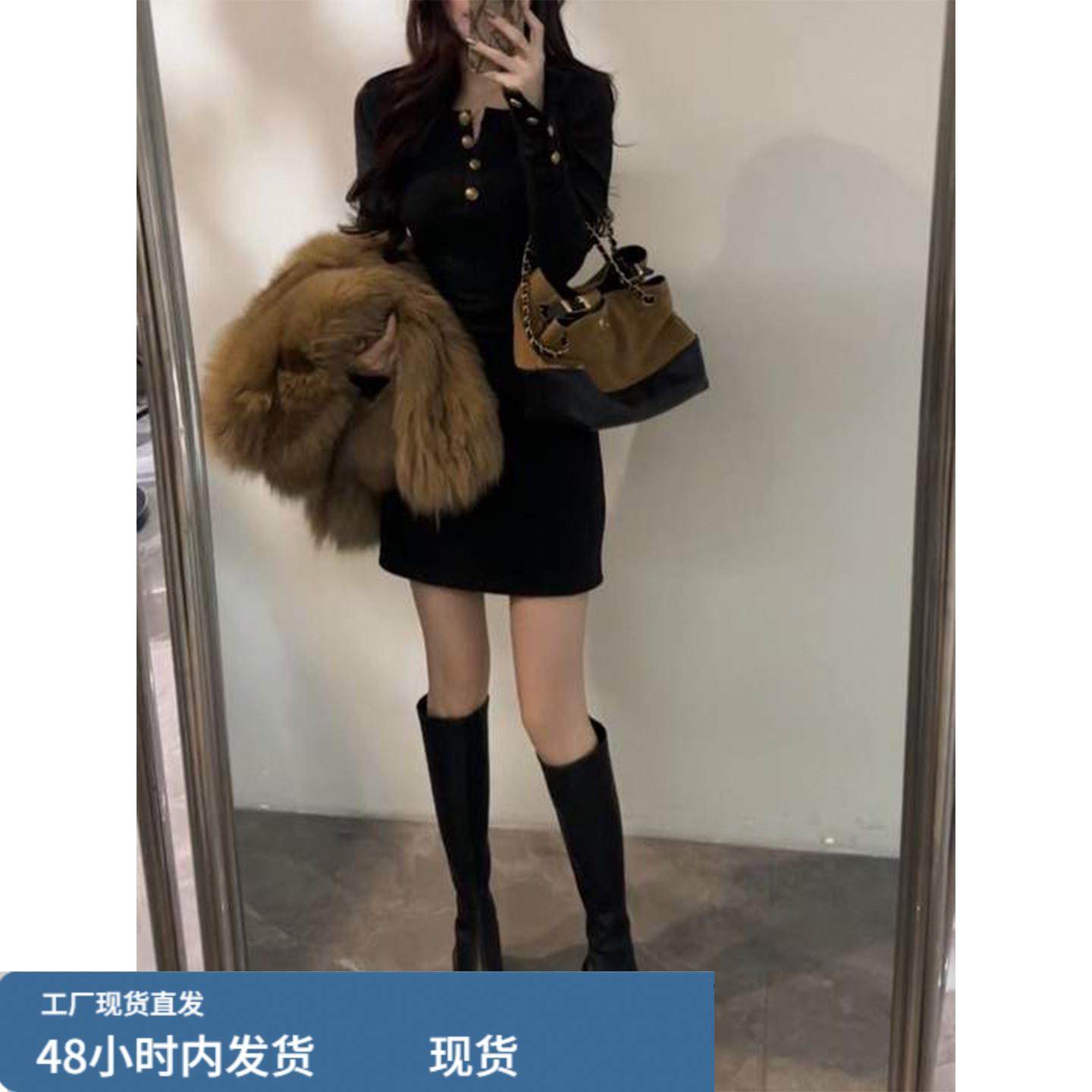 法式复古黑色长袖v领连衣裙子女2025秋冬季大衣内搭辣妹包臀短裙,运动/瑜伽/健身/球迷用品,瑜伽短裙,淘宝优惠券,粉丝福利购,淘宝优惠卷