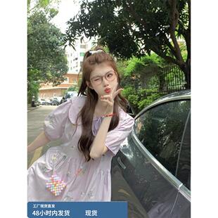 初中高中学生连衣裙2024夏装新款少女学院风洋气娃娃领过膝中长裙
