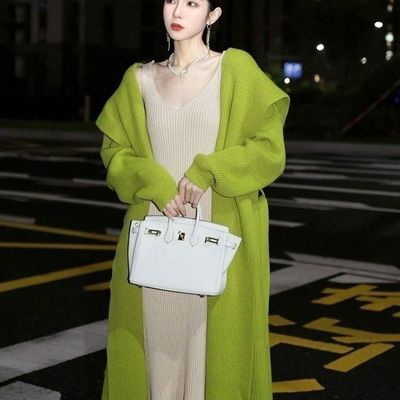 春秋冬高级感加厚针织开衫女中长款宽松慵懒大翻领斗篷式毛衣外套