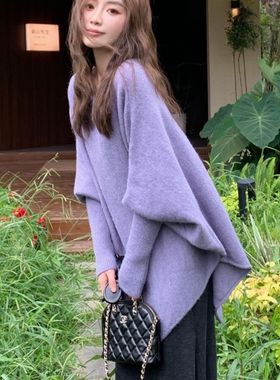一字肩紫色针织毛衣女冬季新款法式不规则设计感蝙蝠袖长袖打底衫