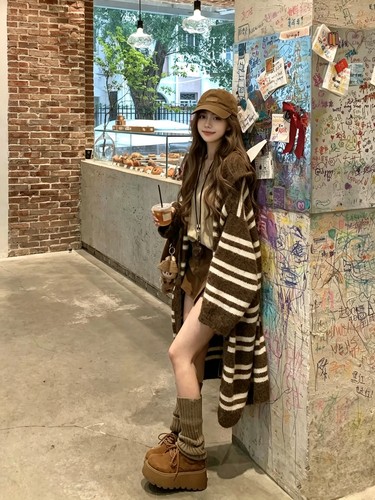 安火火韩系慵懒复古条纹连帽针织开衫女春秋宽松软糯长款毛衣外套