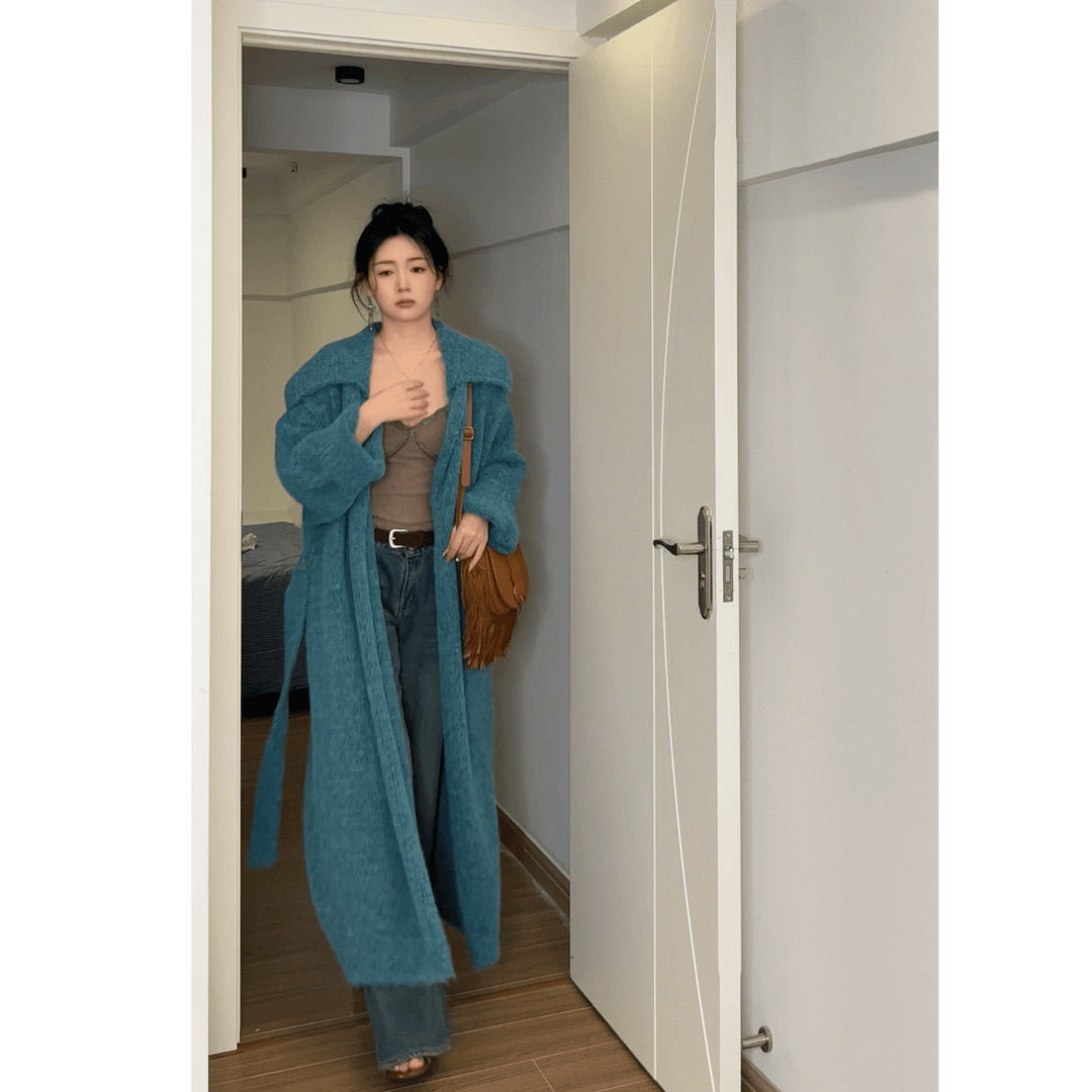 2024新款慵懒高级秋冬氛围感毛衣针织中长款开衫外套七彩丹霞系类