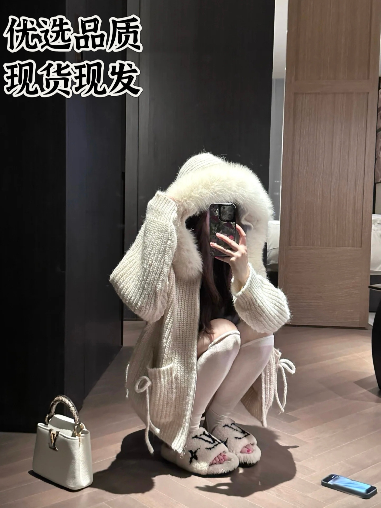 米白色马海毛连帽拉链毛衣外套女秋冬季韩系宽松长袖针织开衫上衣