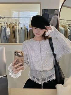 韩系穿搭蕾丝花边系带收腰毛衣女大码胖mm秋冬时尚减龄遮肚针织衫