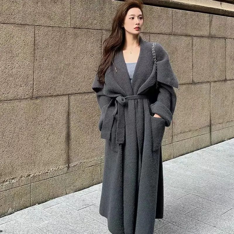 慵懒风毛衣外套女秋中长款宽松设计高级感针织复古大翻领显瘦大衣图片