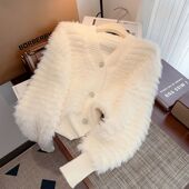 奶fufu水貂绒毛衣外套女秋冬高级感短款 上衣 超好看v领针织开衫