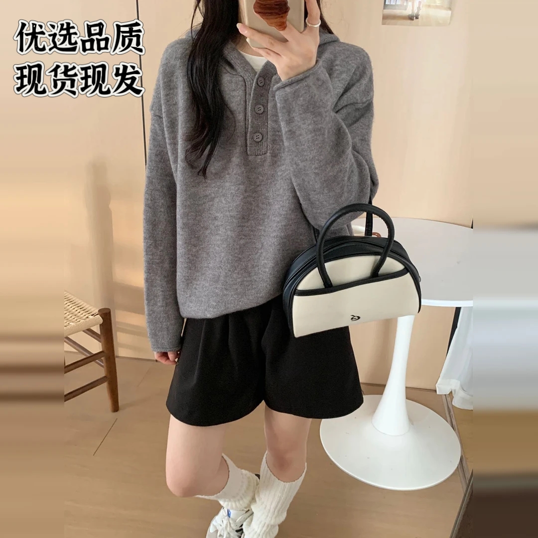 慵懒风宽松连帽毛衣外穿纯色百搭2025秋冬加厚叠穿简约针织衫上衣