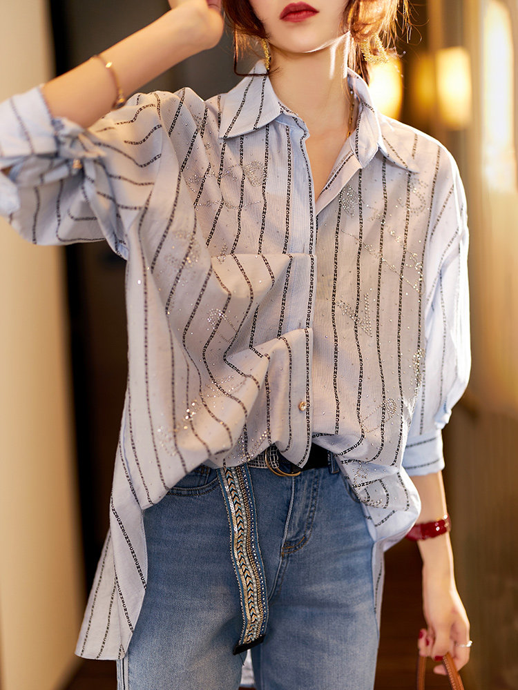 Plain wood thin section hot diamond striped shirt women's 2021 spring and summer new medium and long version of European women's clothing large size loose top