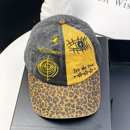 Y2K辣妹美式复古拼色豹纹高品质棒球帽男女做旧鸭舌帽显脸小潮牌