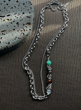 双层叠戴项链男款钛钢拼接串珠原创设计高级感复古潮流男生配饰