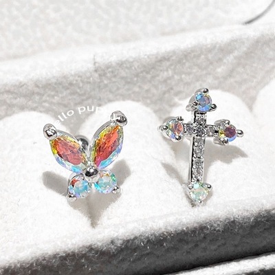 PUNCHLINE七彩锆石蝴蝶十字架甜酷耳钉钛钢防敏睡觉免摘耳骨钉