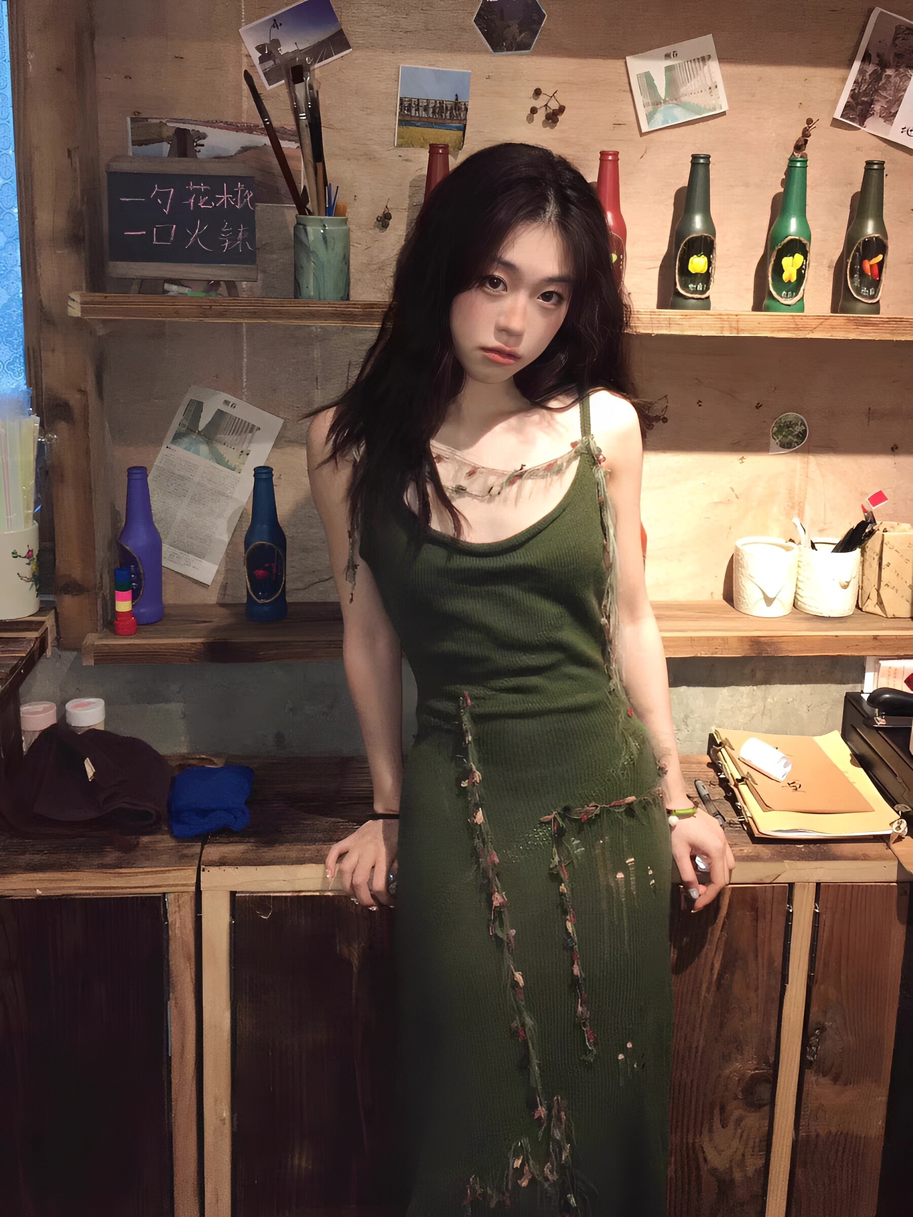 复古辣妹纯欲风绿色针织吊带连衣裙2024破洞修身收腰显瘦包臀长裙