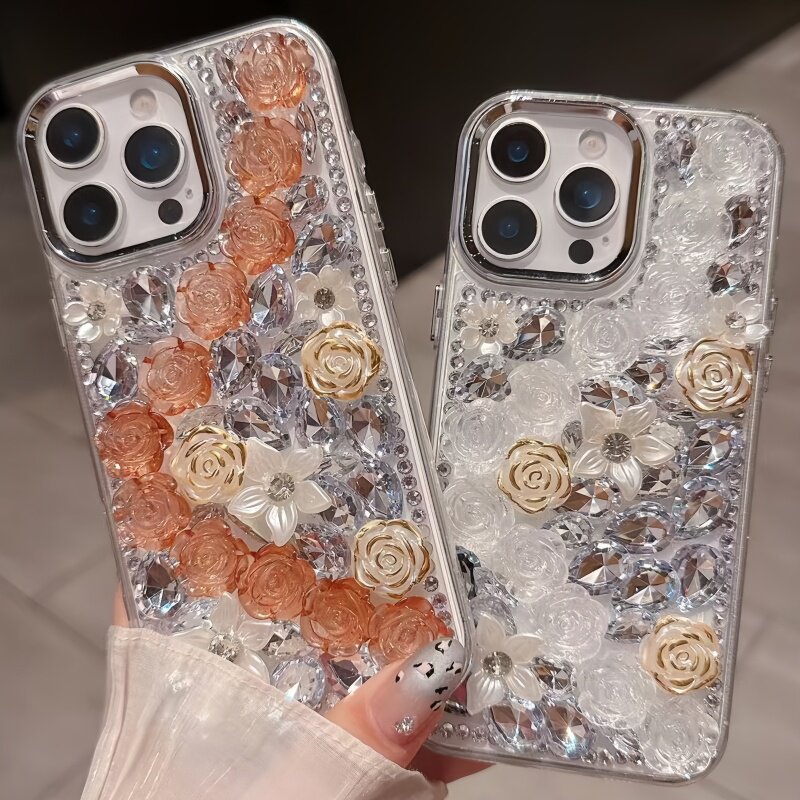 适用苹果17Pro满钻玫瑰花Air大孔电镀镜头框16ProMax镶钻15Plus全包iPhone14防摔套13手机壳12新款11简约女款
