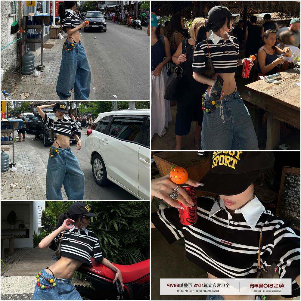 韩好甜WARDEN EDGE黑色条纹短袖T恤女夏辣妹polo领短款设计感上衣