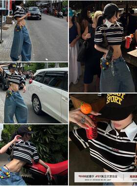 韩好甜WARDEN EDGE黑色条纹短袖T恤女夏辣妹polo领短款设计感上衣
