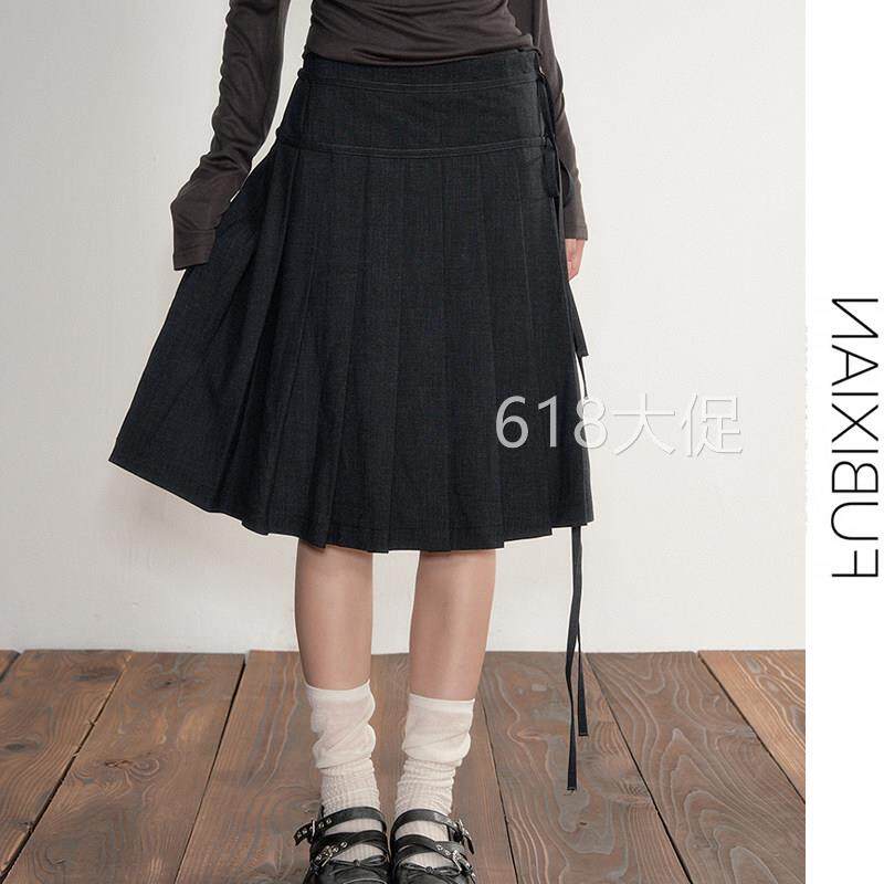 高级感深灰色学院风系带中长裙修身韩系百褶半身裙女春夏显瘦裙子