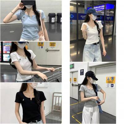 2025夏装新款正肩V领白色短袖T恤女独特漂亮超好看小衫短款上衣