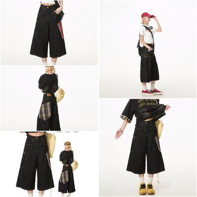 NERESUM美式格子大口袋工装牛仔短裤女夏季设计感阔腿休闲 七分裤