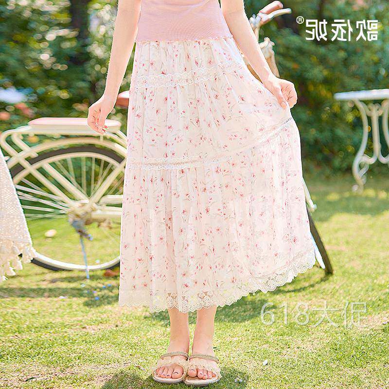 夏季新款女甜美温柔a字裙碎花百褶裙蕾丝雪纺裙子半身长裙半身裙