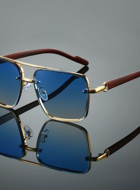 高颜值金属双梁方框仿木纹腿墨镜欧美潮流驾驶街拍无框太阳眼镜