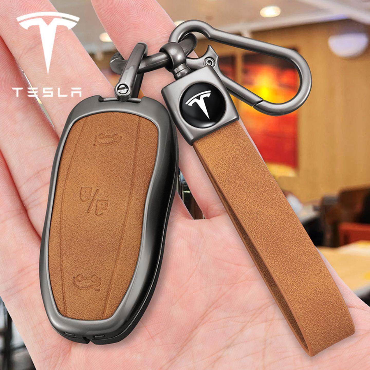 适用特斯拉汽车钥匙套毛豆modelY/X/S/3钥匙包扣高档高级真皮金属