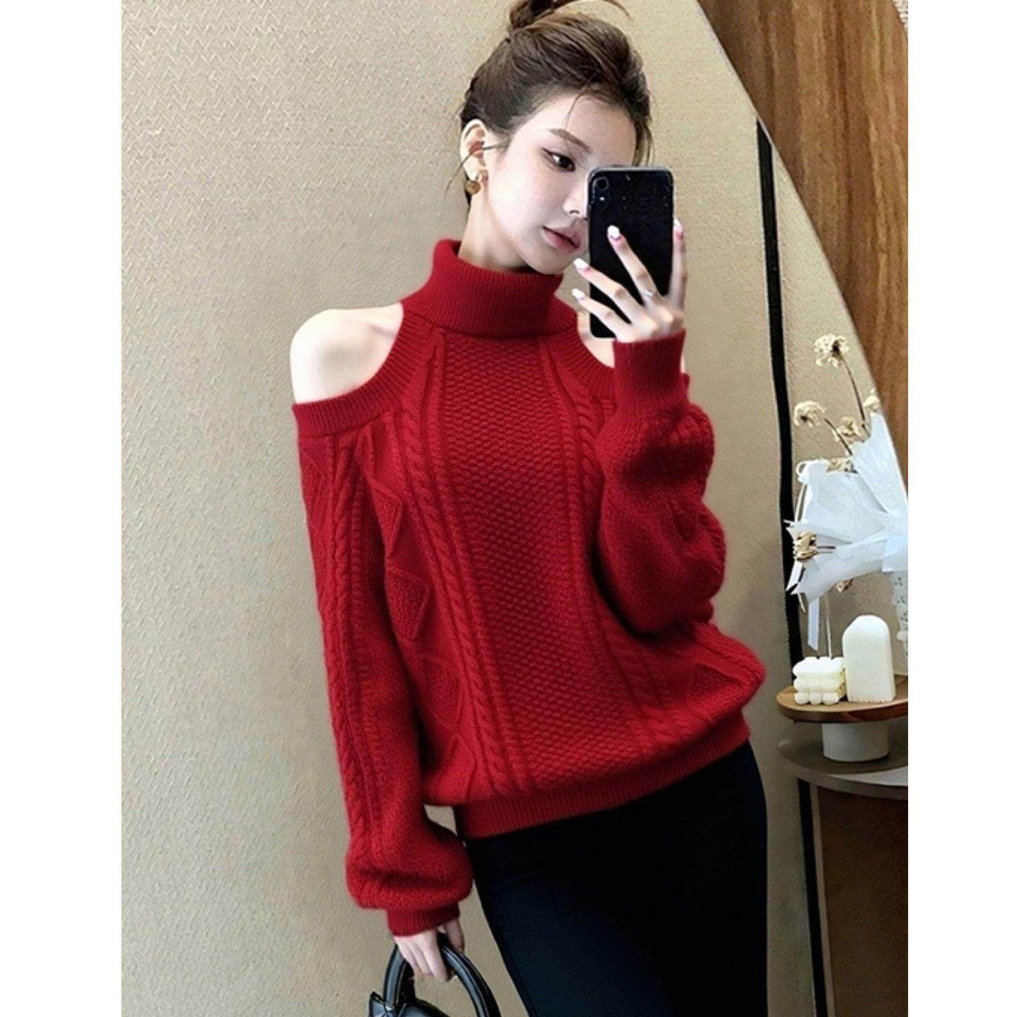 小众不撞款红色高领露肩长袖针织衫女秋冬新款高级感洋气减龄上衣,模玩/动漫/周边/娃圈三坑/桌游,Cosplay女装/cos女装,淘宝优惠券,粉丝福利购,淘宝优惠卷