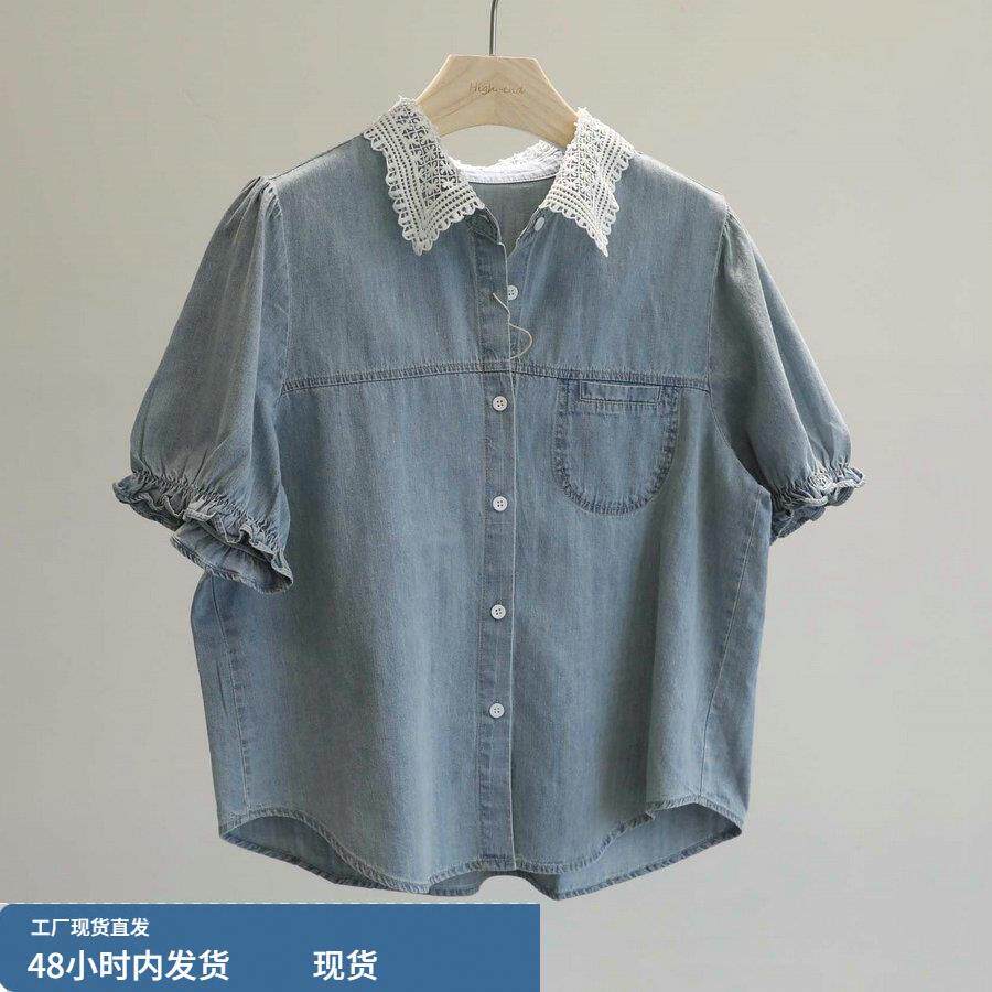 潮货推荐!韩版蕾丝拼接翻领牛仔衬衫女泡泡短袖百搭洋气上衣