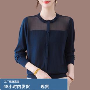 羊芼衫女士2025早秋短装宽松拼接沙袖真帜上衣时尚别致钉珠打底衫