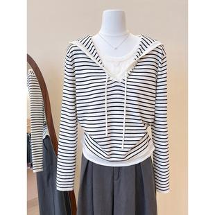 撞色条纹假两件连帽针织衫女装早秋穿搭韩系设计感毛衣高级感上衣