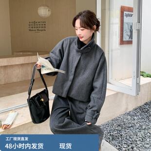 深灰色韩版高级感毛呢羽绒服套装女2025冬季气质淡人阔腿裤两件套