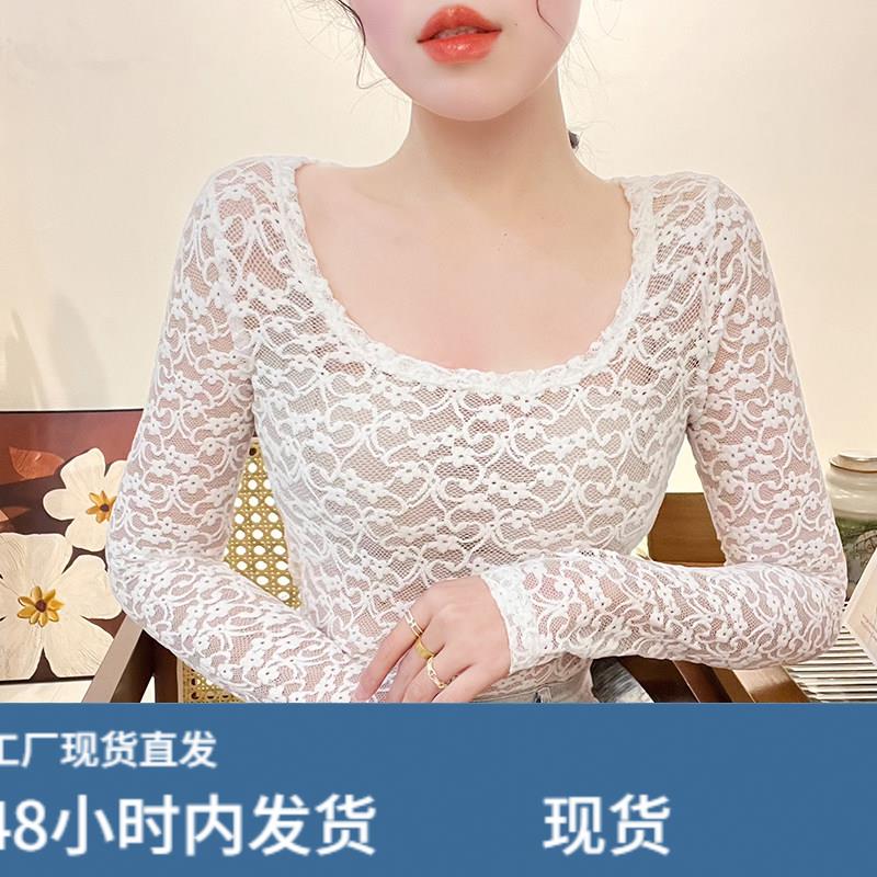 蕾丝小衫女长袖2025新款大码别致圆领网纱镂空内搭打底衫修身上衣