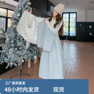 韩系chic穿搭蓝色格子羽绒服套装女冬超好看加绒加厚半身裙两件套