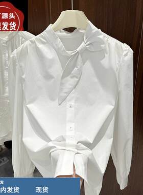 四季青2025春季新款蝴蝶结白色衬衫女百搭气质立领休闲衬衣上衣潮
