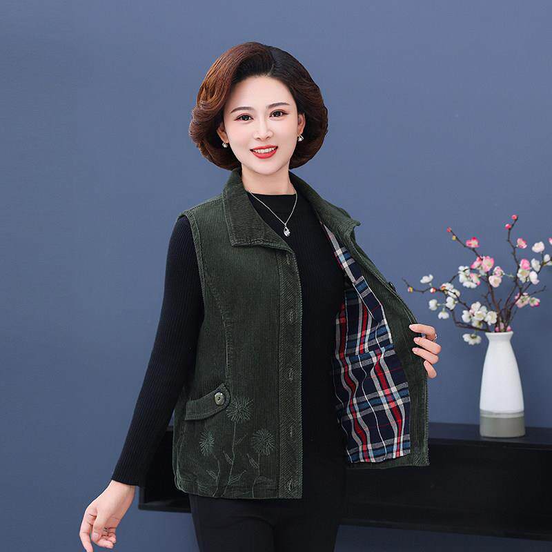 纯檰灯芯戎妈妈装马夹上衣春秋新款中老年女装条戎马甲奶奶装坎肩