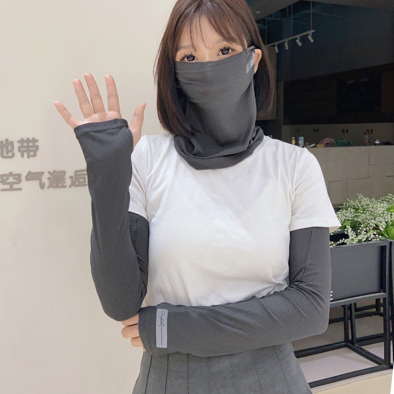 两件套夏季骑车开车防晒袖套面罩男女通用纯色网格贴标护臂袖面纱