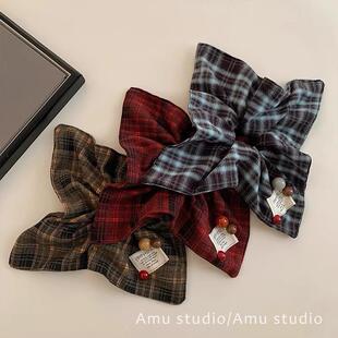 毛呢格子英伦风方巾发圈大肠圈女方形侧低马尾发绳扎头发皮筋头绳