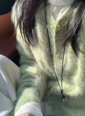 100%山羊绒假两件温柔软糯绿色毛衣开衫女宽松减龄针织外套
