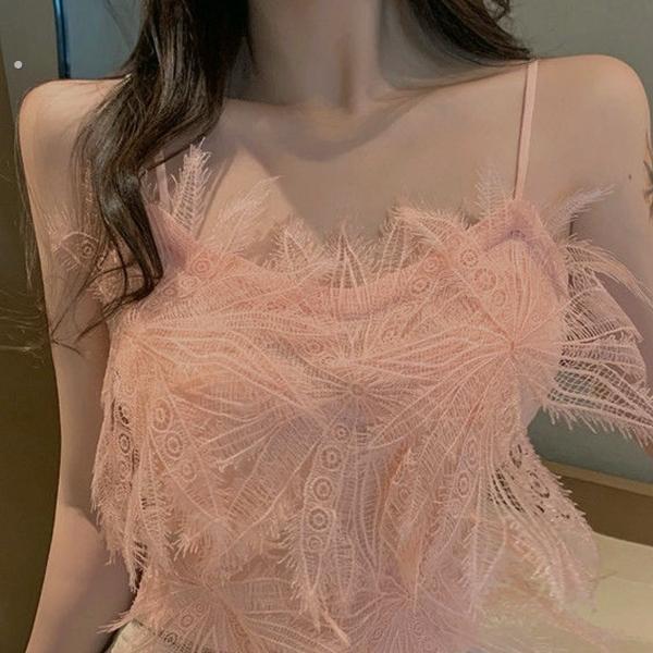 2024夏季新款超仙设计感流苏羽毛短款小吊带背心女外穿内搭上衣潮