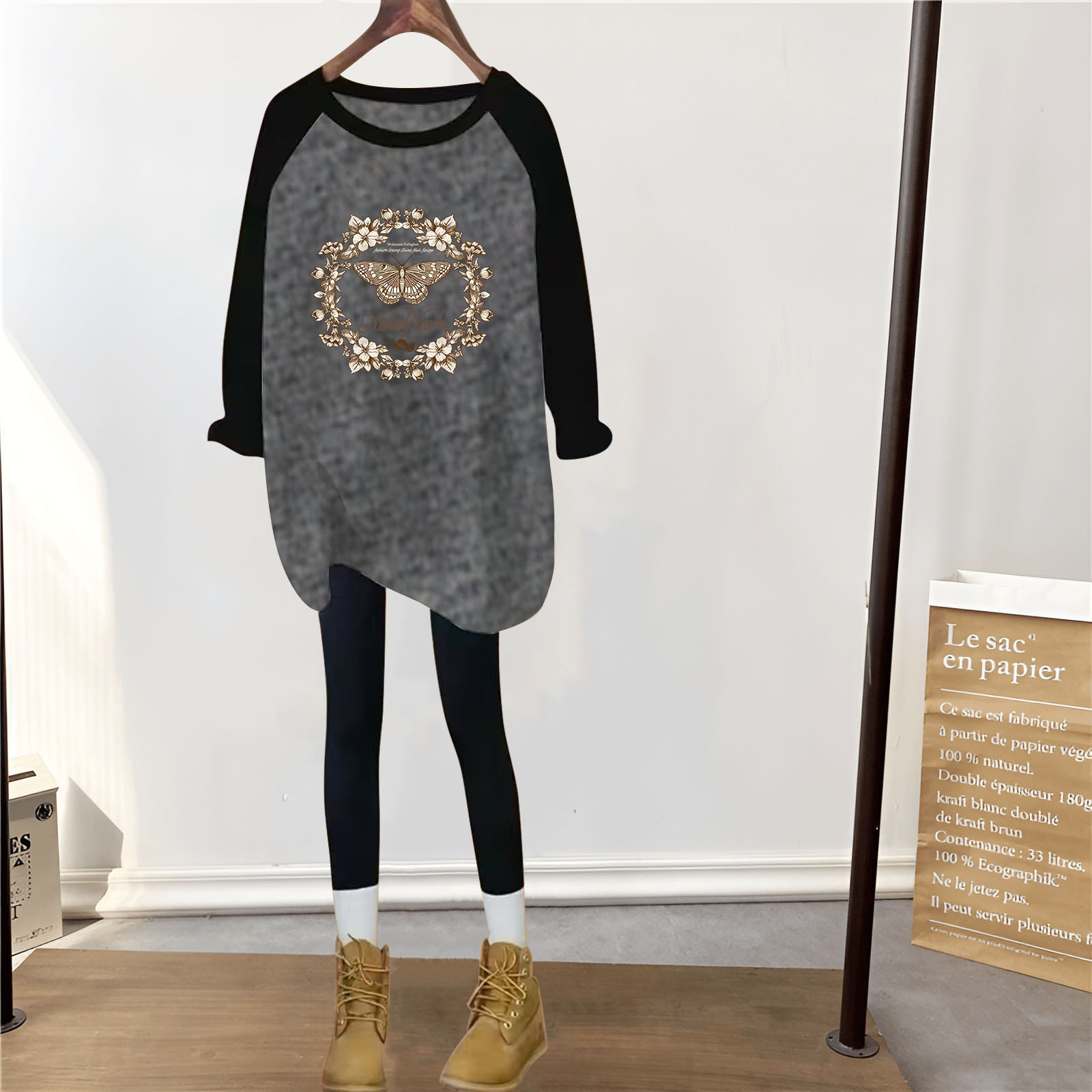 拼色插肩撞色中长款宽松长袖T恤