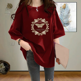 纯棉磨毛短袖t恤女中长款宽松休闲遮屁股上衣洋红色打底衫春秋季