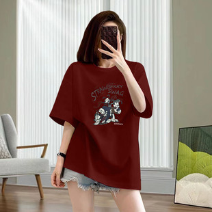 中长款磨毛红色纯棉短袖t恤女宽松休闲大码上衣打底衫春夏秋冬季