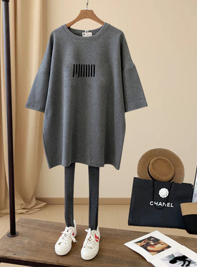 2025新款磨毛短袖t恤女中长款休闲灰色上衣加厚保暖打底衫春秋季