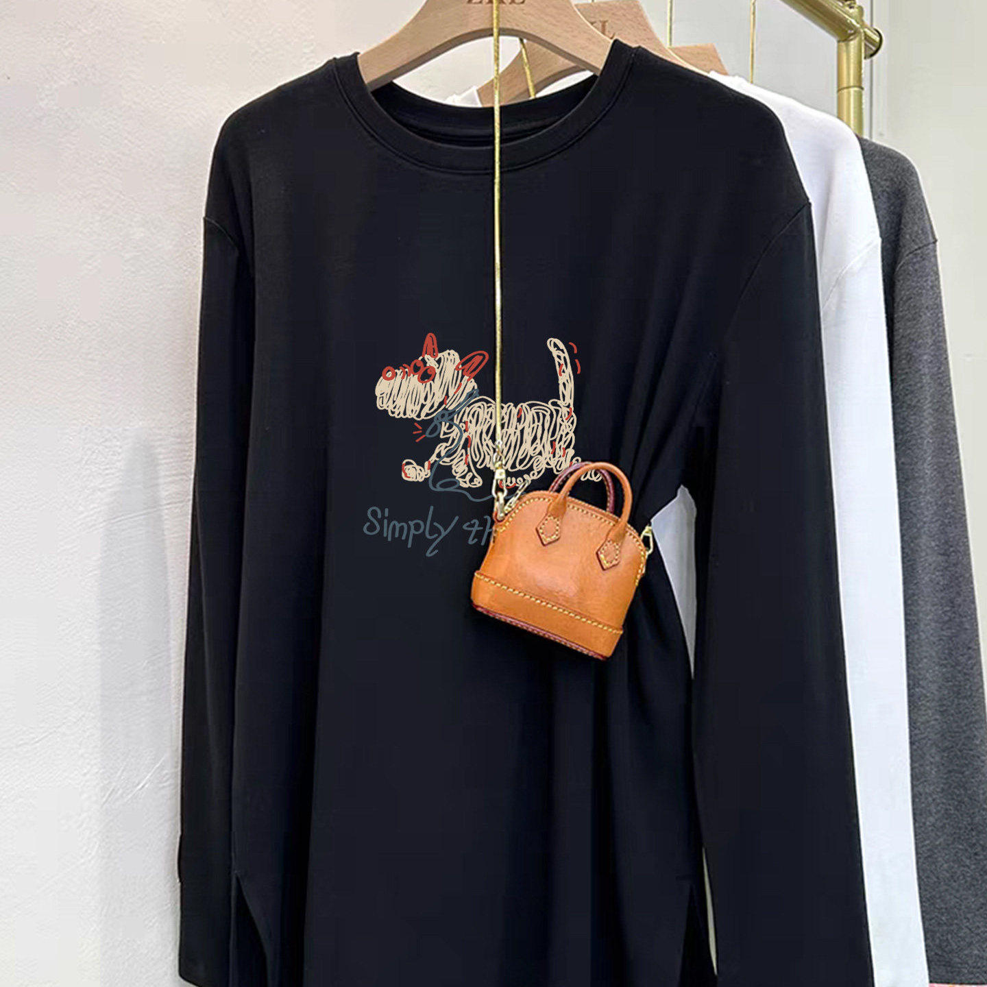 中长款黑色纯棉磨毛长袖t恤女宽松显瘦遮屁股搭配鲨鱼裤上衣潮流